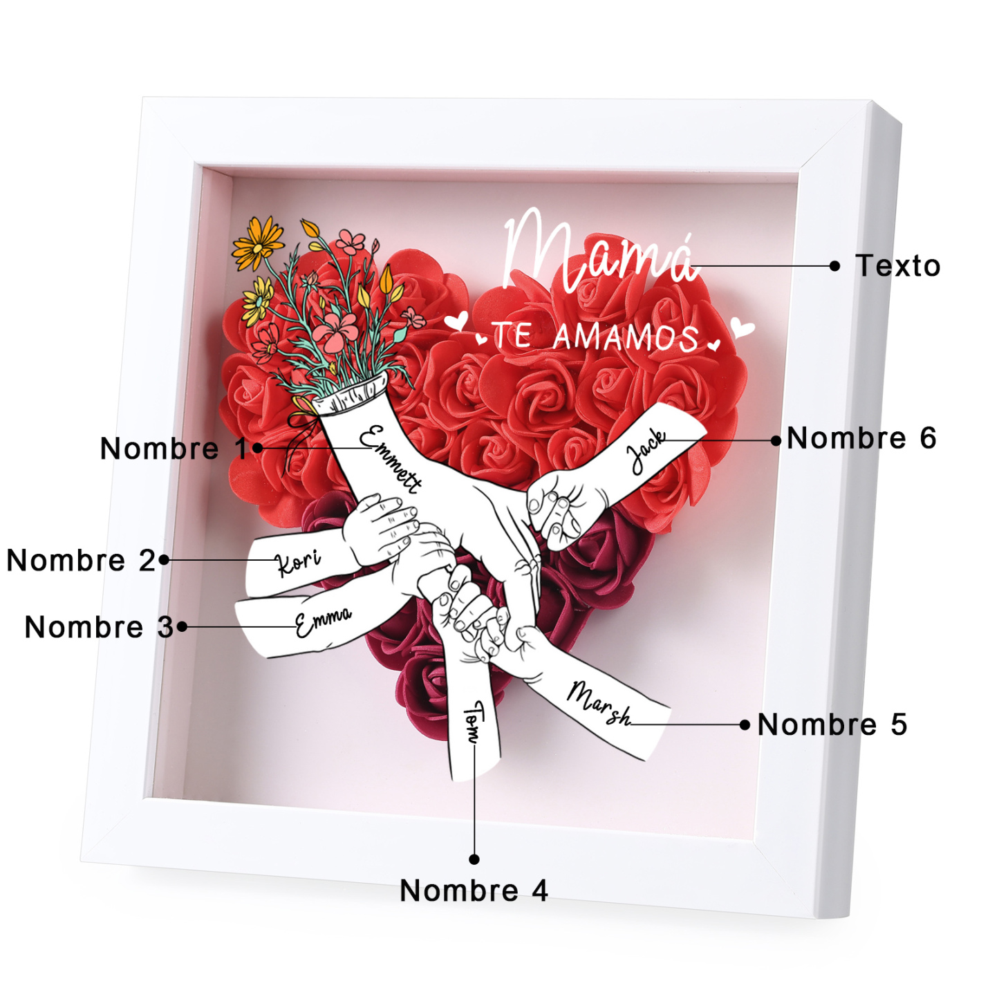 A mi mamá/abuela-Marco de flores de madera mano con mano personalizado con 6 nombres y 1 texto | Jessemade