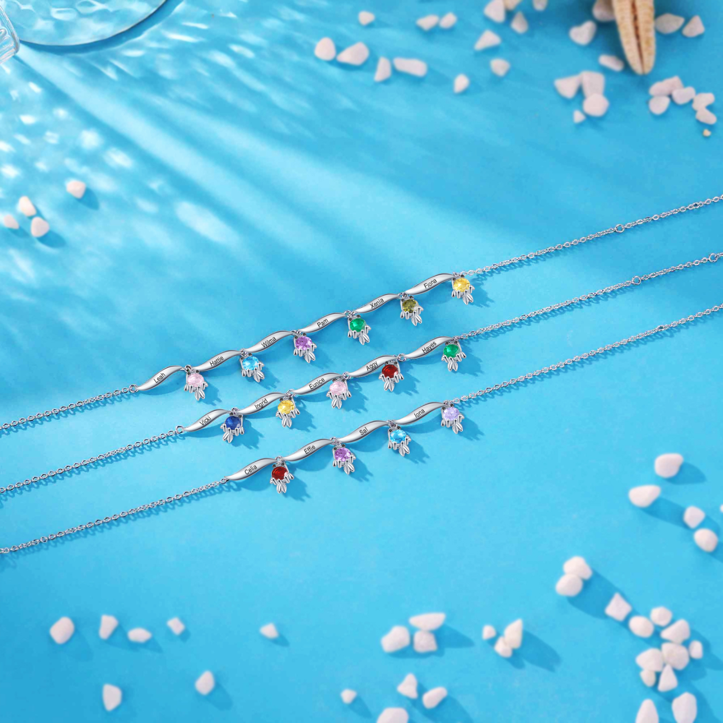 Pulsera de tobillo 1-6 nombres y piedras personalizados con dije de pececito-Jessemade ES