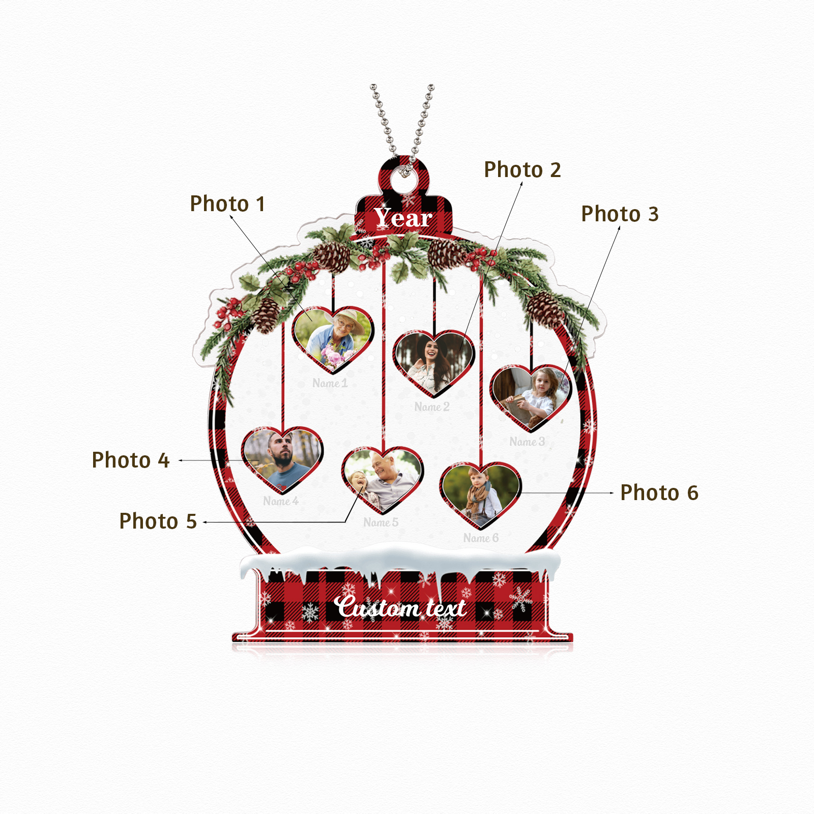 Navidad-Ornamento navideño de acrílico bola de cristal con 6 nombres, 6 fotos y 1 texto personalizados-Jessemade ES