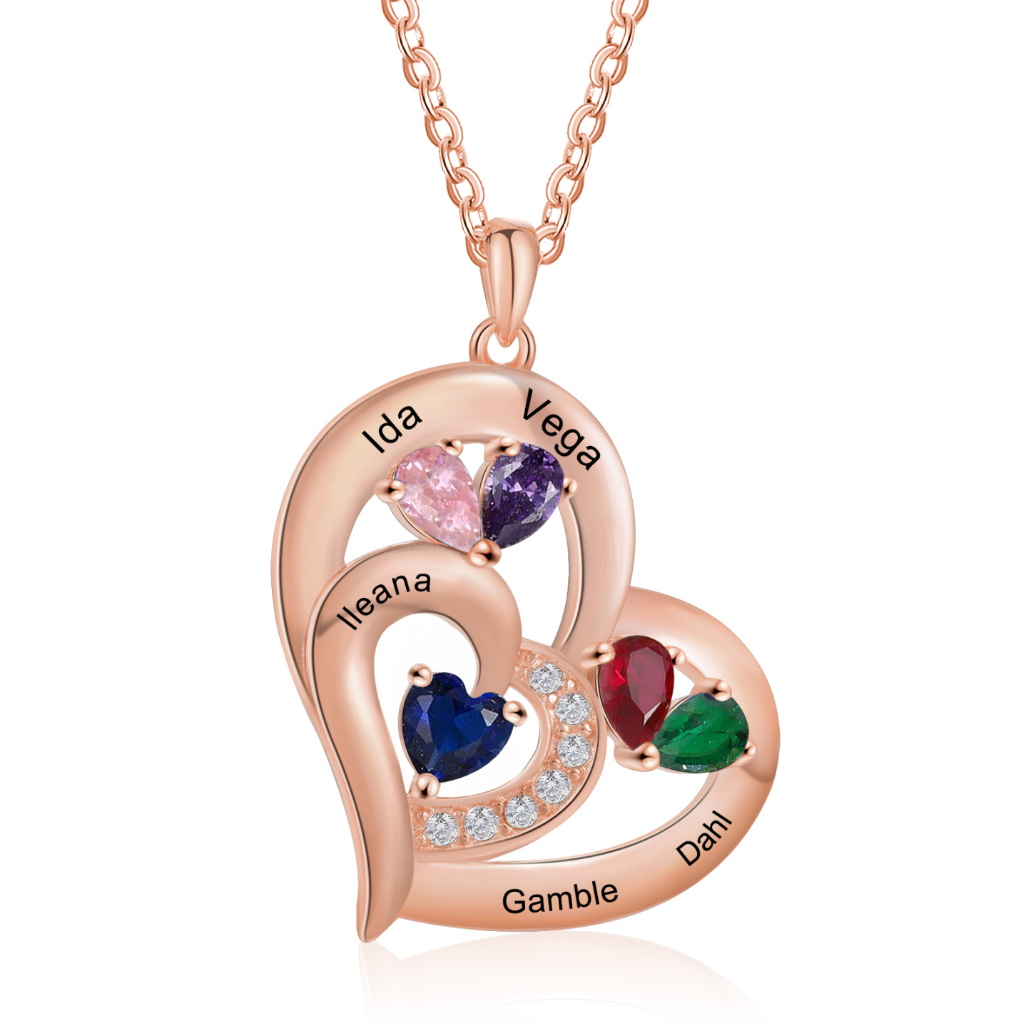 Collar corazón con 1-6 nombres personalizados y 1-6 piedras de nacimiento-Jessemade ES