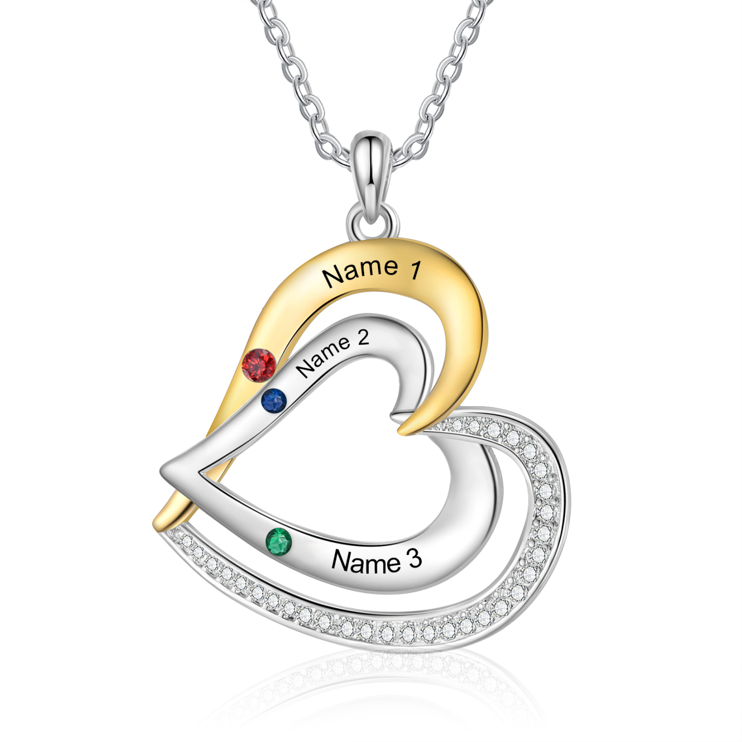Collar de corazón de plata 925 con 3 nombres y piedras de nacimiento personalizado-Jessemade ES