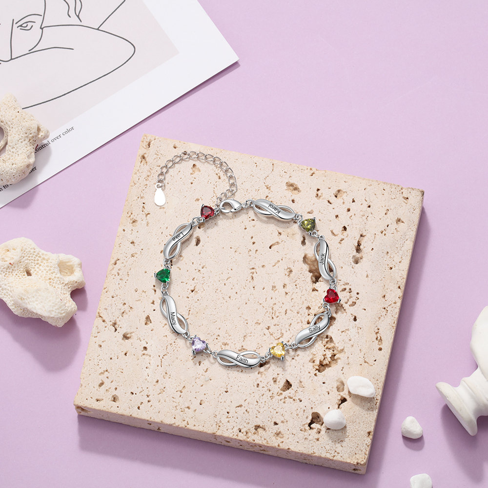 Pulsera "infinito" personalizada con 6 nombres y 6 piedras de nacimiento de corazón-Jessemade ES