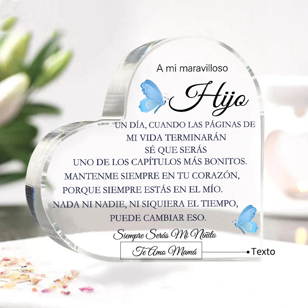 A mi hijo-Placa de acrílico en forma de corazón con 1 texto personalizado-Jessemade ES