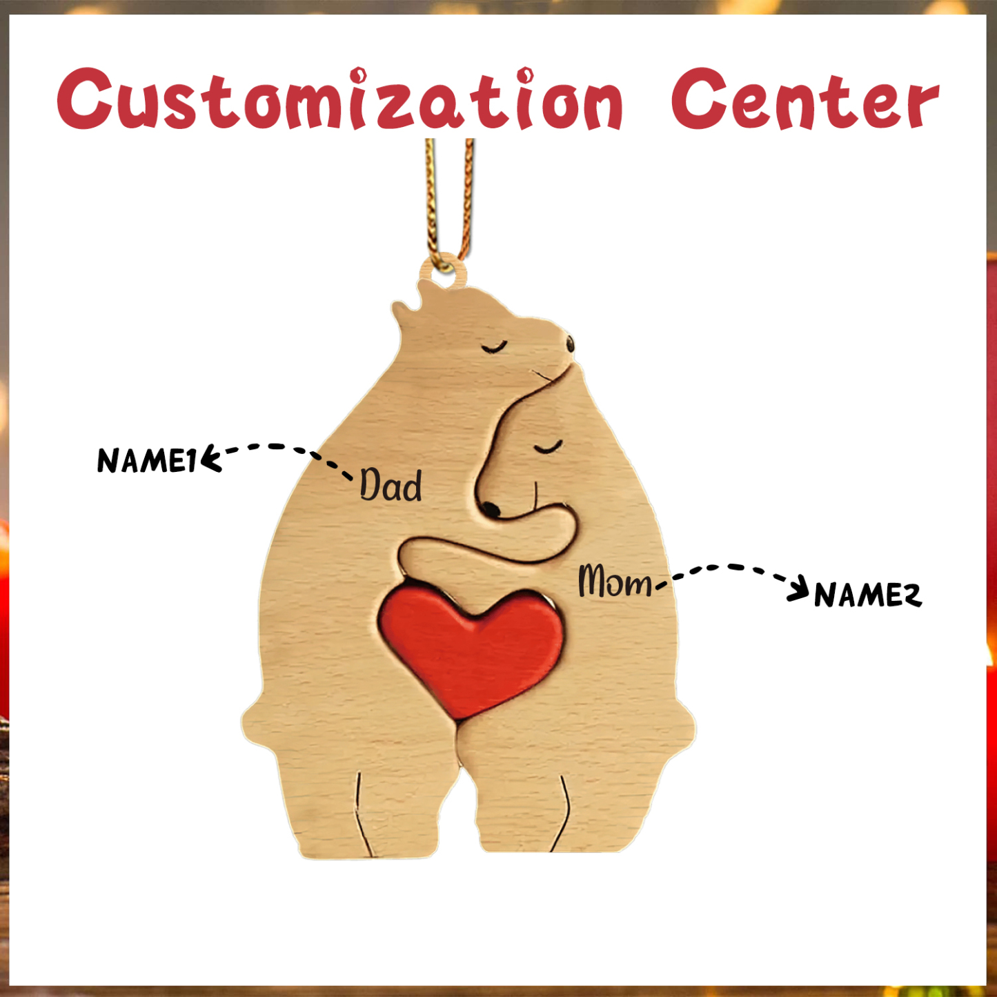 Navidad-Ornamento muñecos navideño de madera familia de canguros 2 nombres personalizados adorno del árbol-Jessemade ES