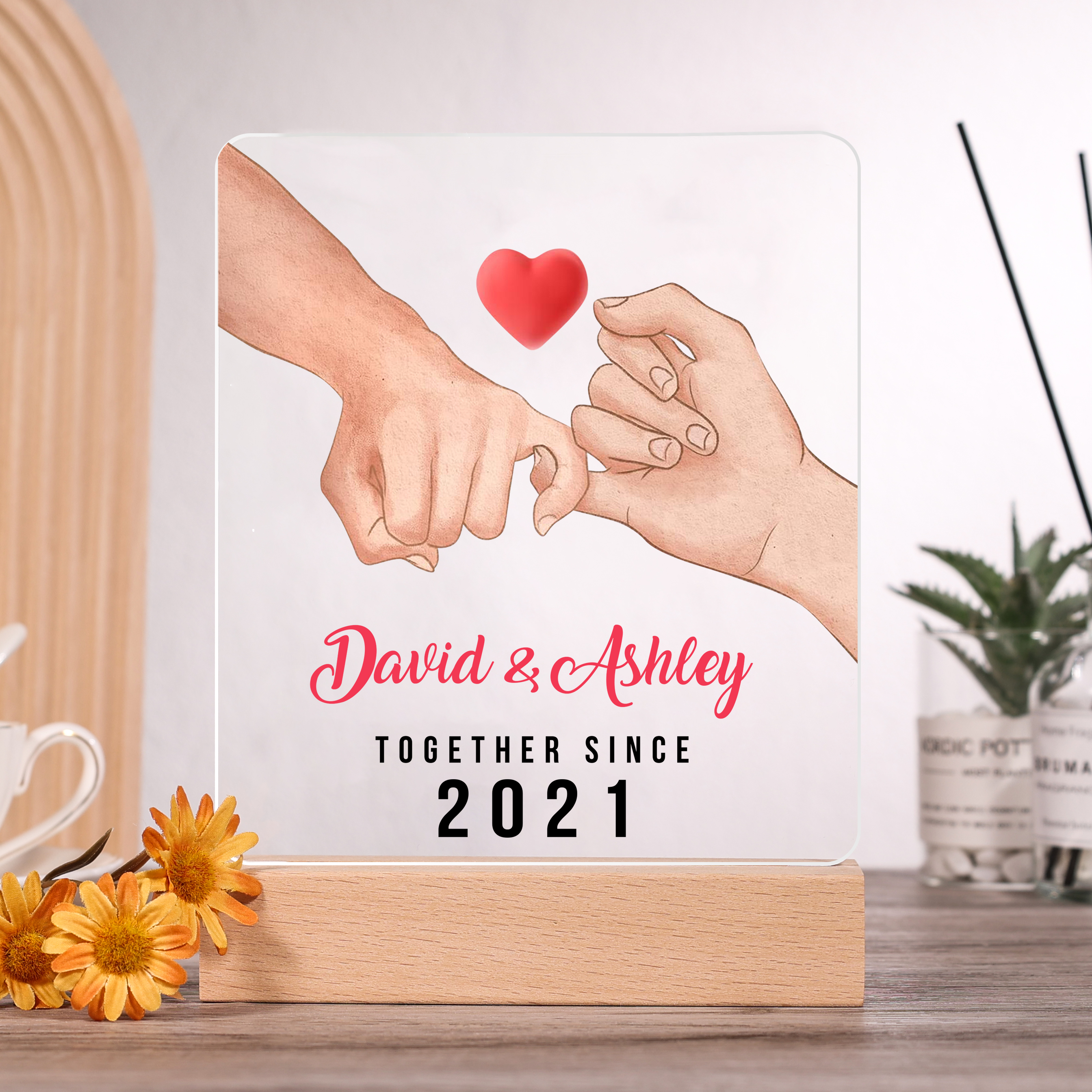 Lámpara dedos cogidos para pareja 3D Ilusión Luz de Noche LED 2 nombres, texto y año personalizados -Jessemade ES