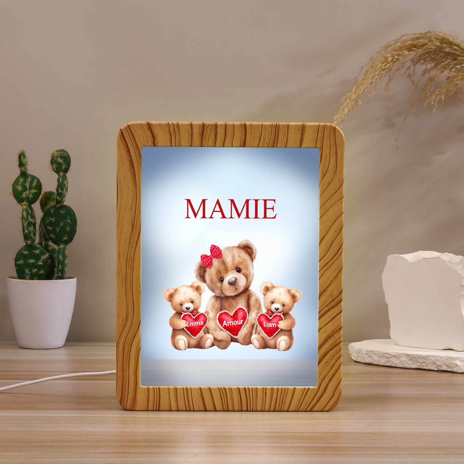 Marco/Espejo con LED Multifuncional Familia de Osos 1-4 Nombres Personalizados con 1 Texto-Jessemade ES