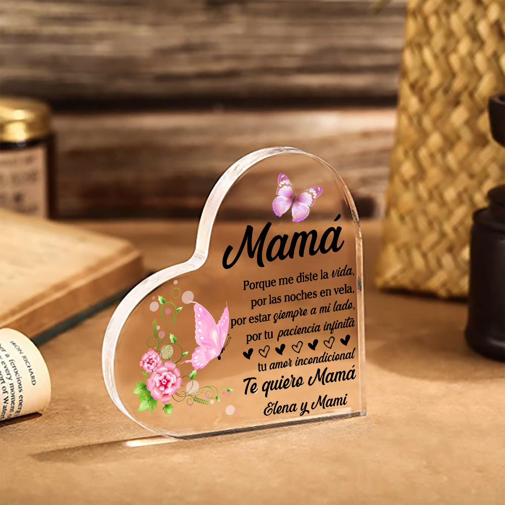 A mi mamá-Placa de acrílico en forma de corazón mariposas y frases amorosos 1 texto personalizado-Jessemade ES