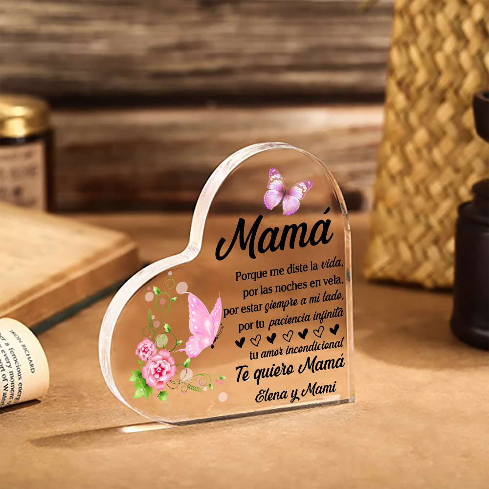 A mi mamá-Placa de acrílico en forma de corazón mariposas y frases amorosos 1 texto personalizado-Jessemade ES