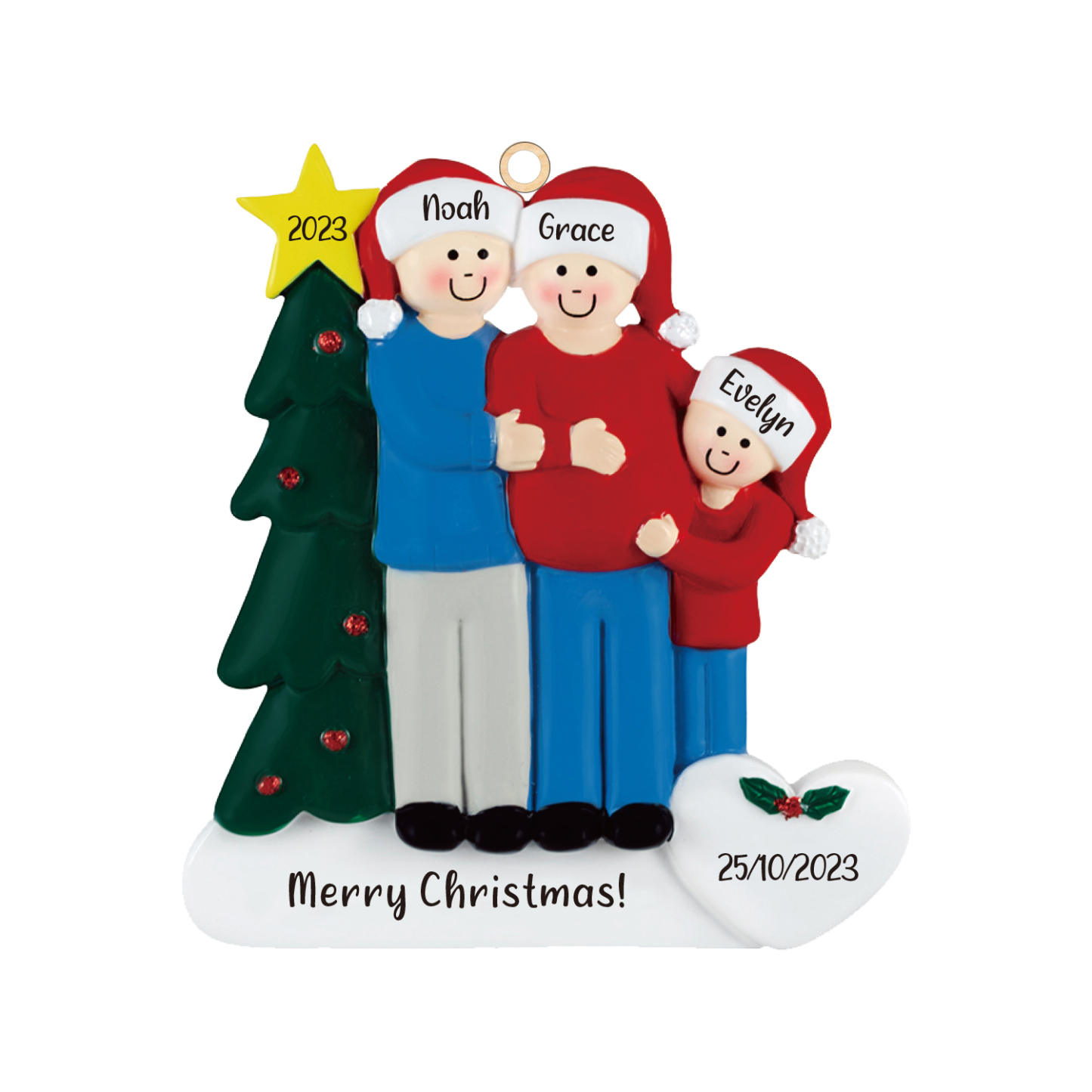 Navidad-Muñecos Ornamentos Navideños de Pareja con peque 3 Nombres, Año, Fecha y Texto Personalizados Adorno de Madera-Jessemade ES