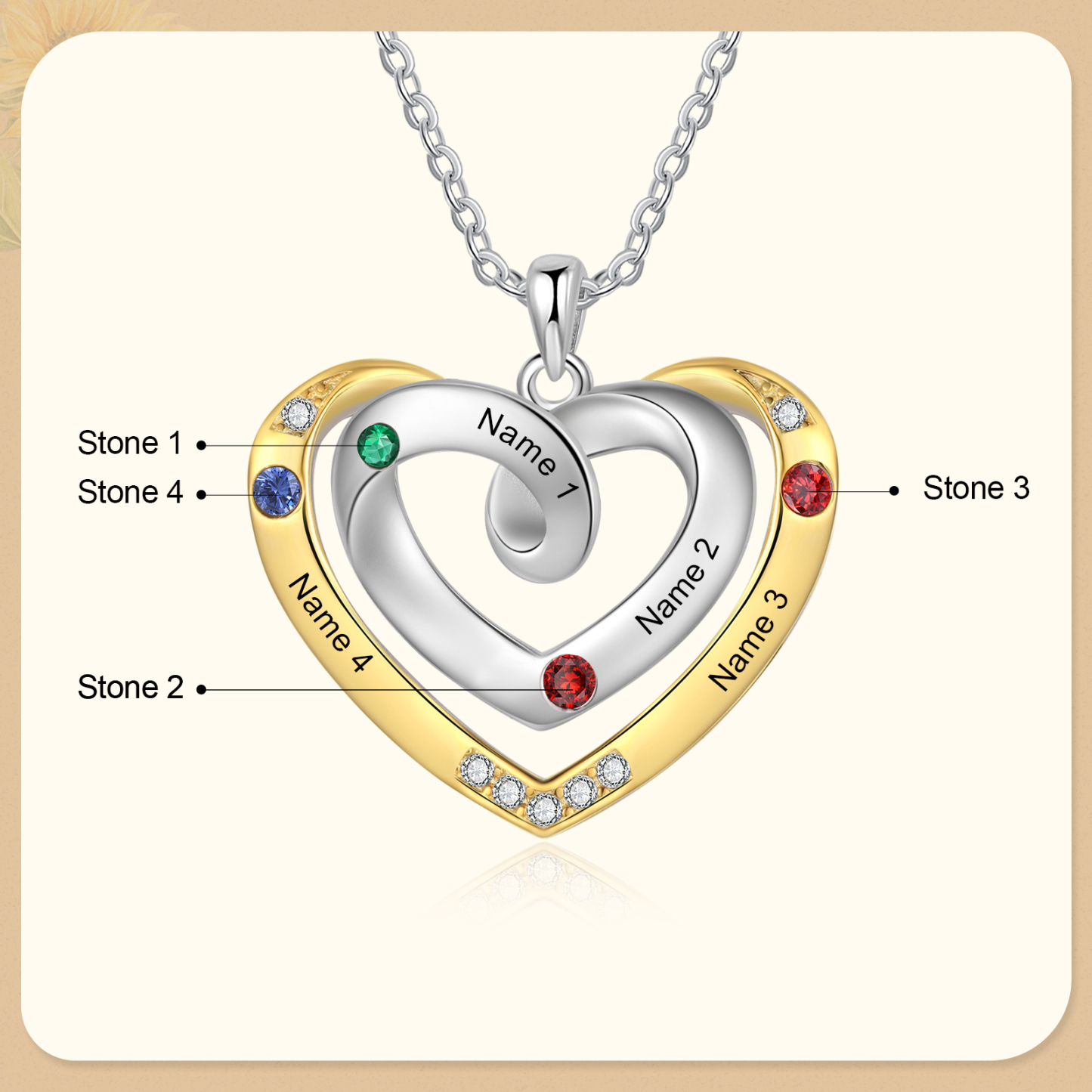 Collar de corazón con 4 nombres y piedras de nacimiento personalizados-Jessemade ES