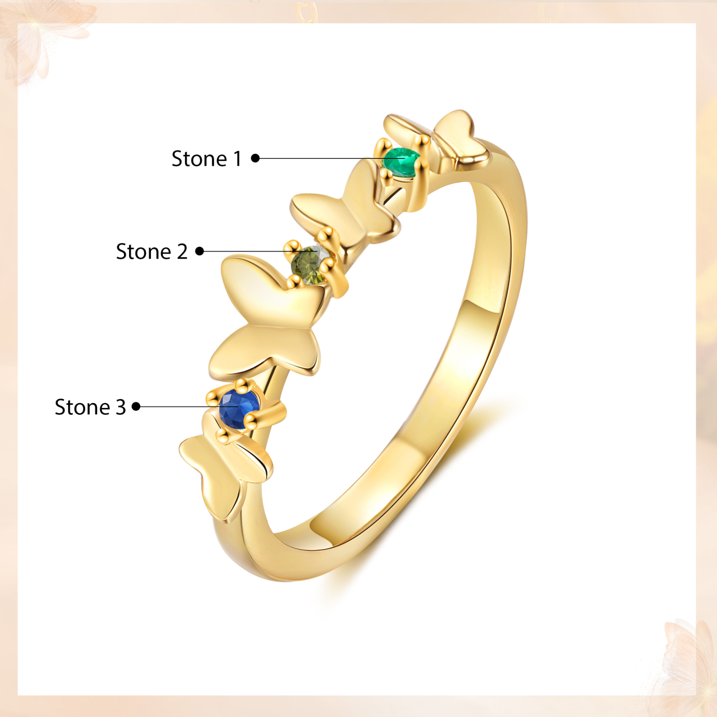 Anillo de mariposa personalizado con 3 piedras de nacimiento anillo familia-Jessemade ES