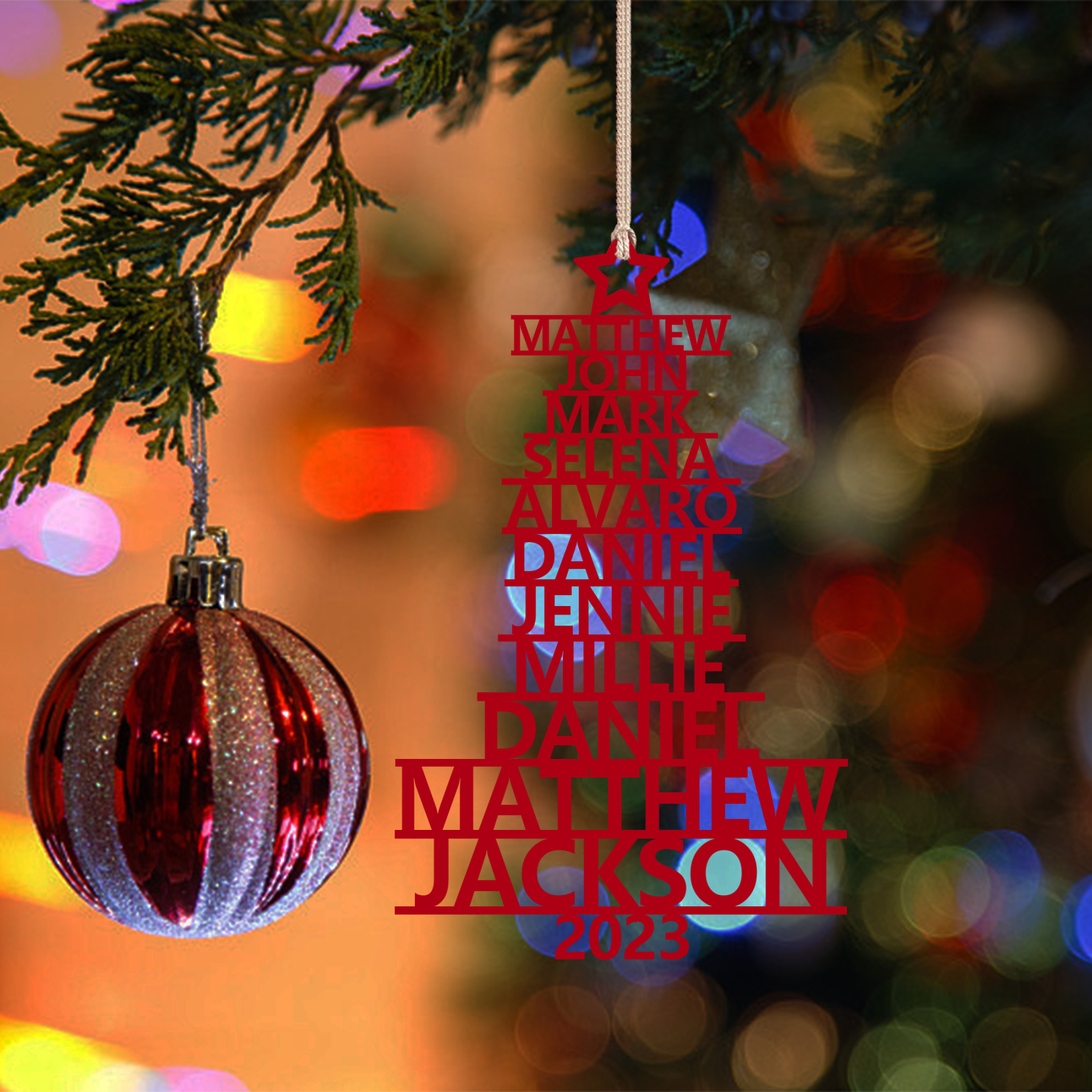 Navidad-Ornamento navideño de madera árbol de nombres con 11 nombres y año personalizados