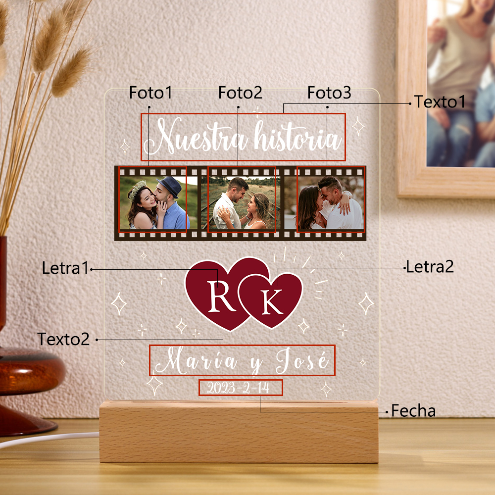 Lámpara para pareja 3D Ilusión Luz de Noche LED 2 letras, 2 textos, fecha y 3 fotos personalizados -Jessemade ES