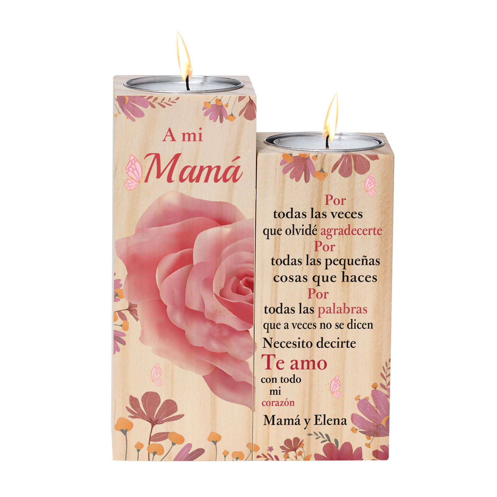 A mi mamá-Candelero de madera de dos piezas sin candela rosa 1 texto personalizado-Jessemade ES