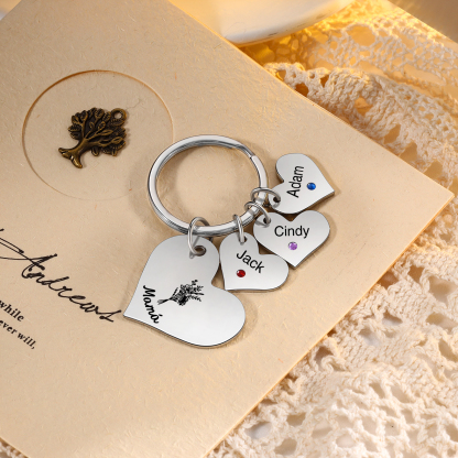 A mi mamá/abuela - Llavero con 3 nombres y piedras de nacimiento personalizados en corazones con texto y flor-Jessemade ES