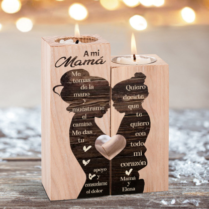 A mi mamá-Candelero de madera de dos piezas sin candela silueta de mamá y niñ@ 1 texto personalizado-Jessemade ES