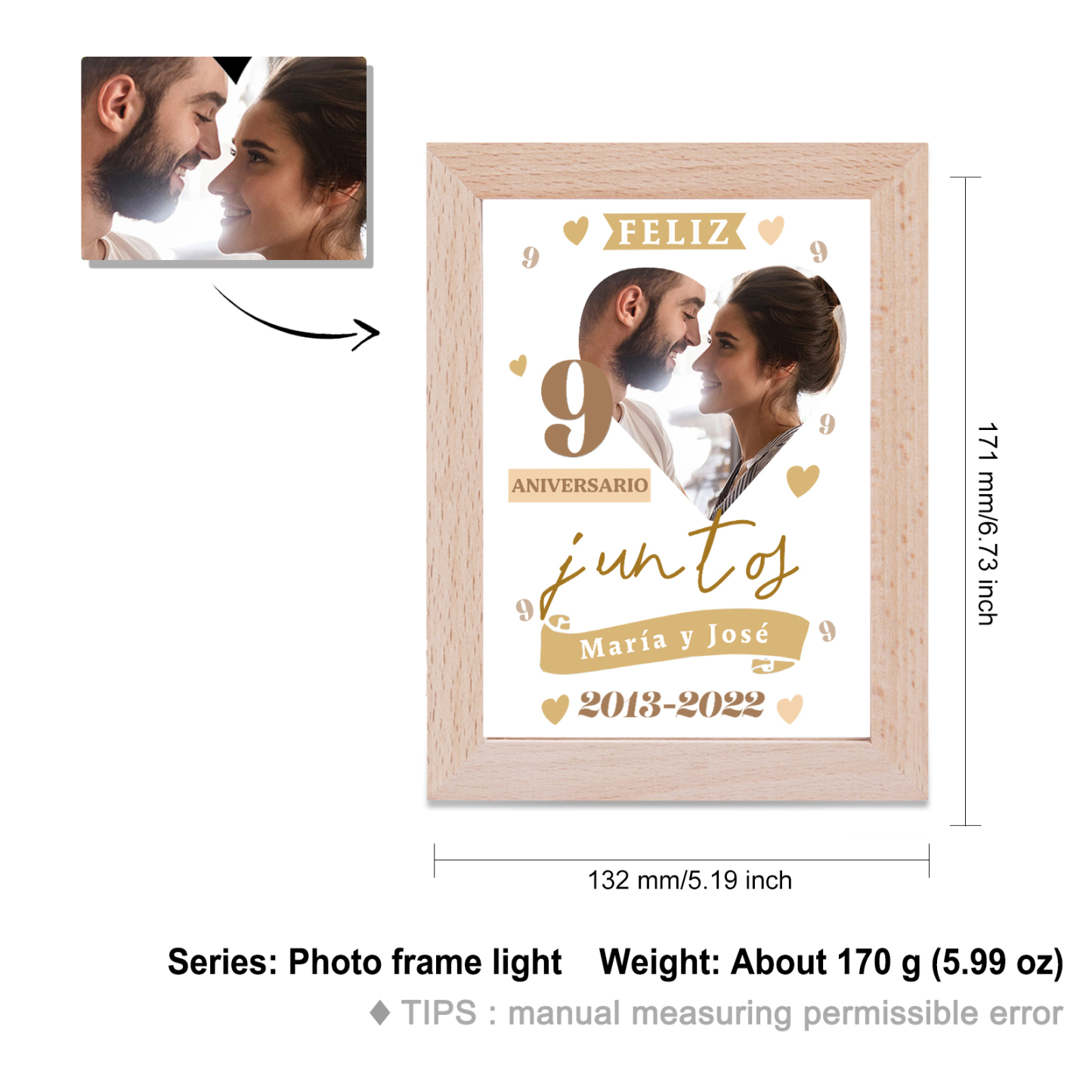 Marco con lámpara aniversario de 1 foto de madera para pareja 2 textos y número personalizados-Jessemade ES