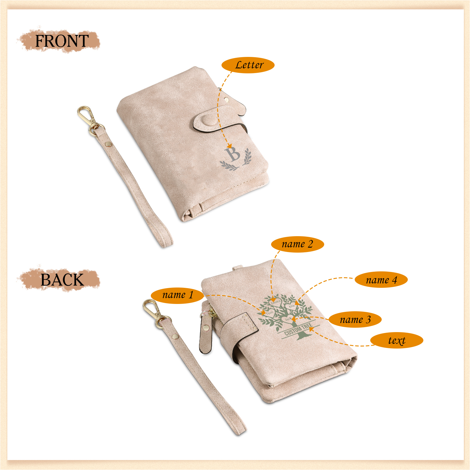 Cartera, billetera con 3-8 nombres, 1 letra y 1 texto personalizados árbol de la vida monedero clásico para mujer-Jessemade ES