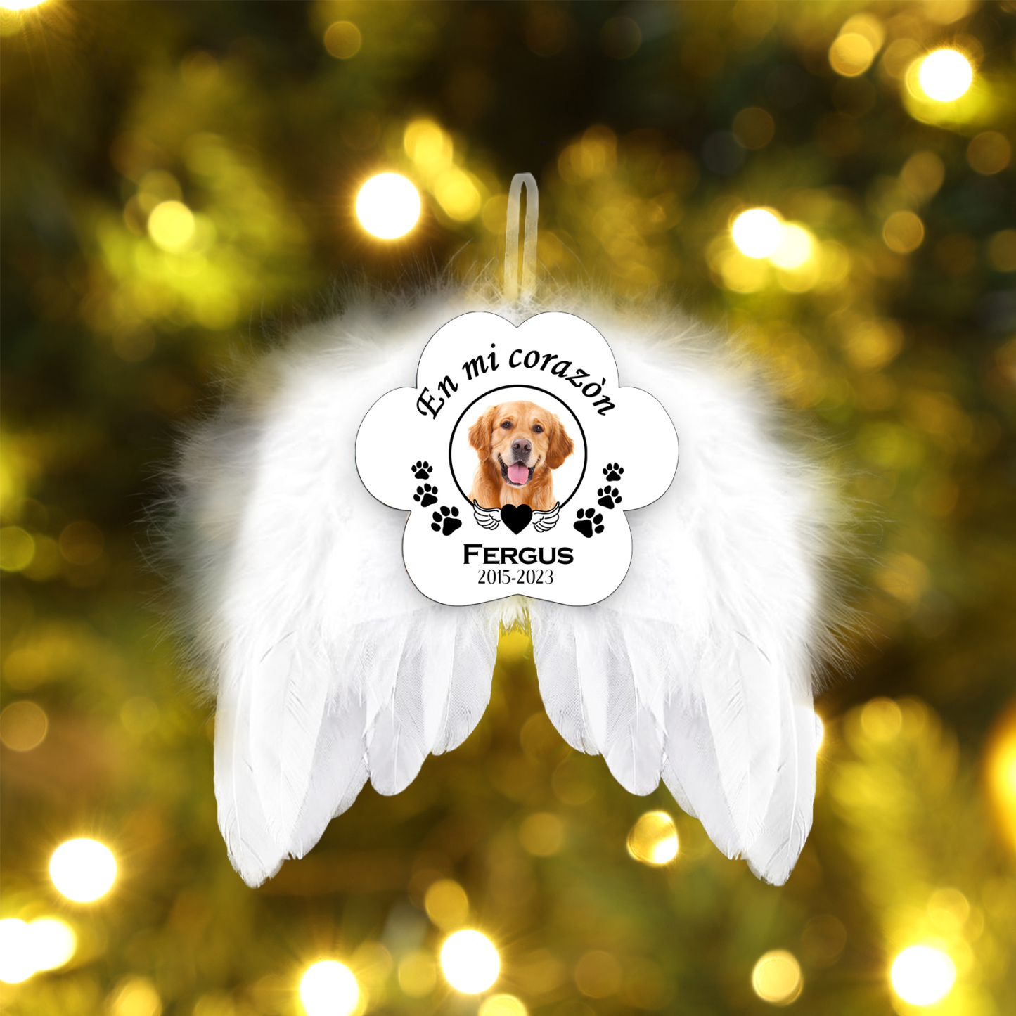 Navidad-Ornamento navideño alas de ángel en memoria de perros con 1 foto, 1 nombre y años personalizados-Jessemade ES