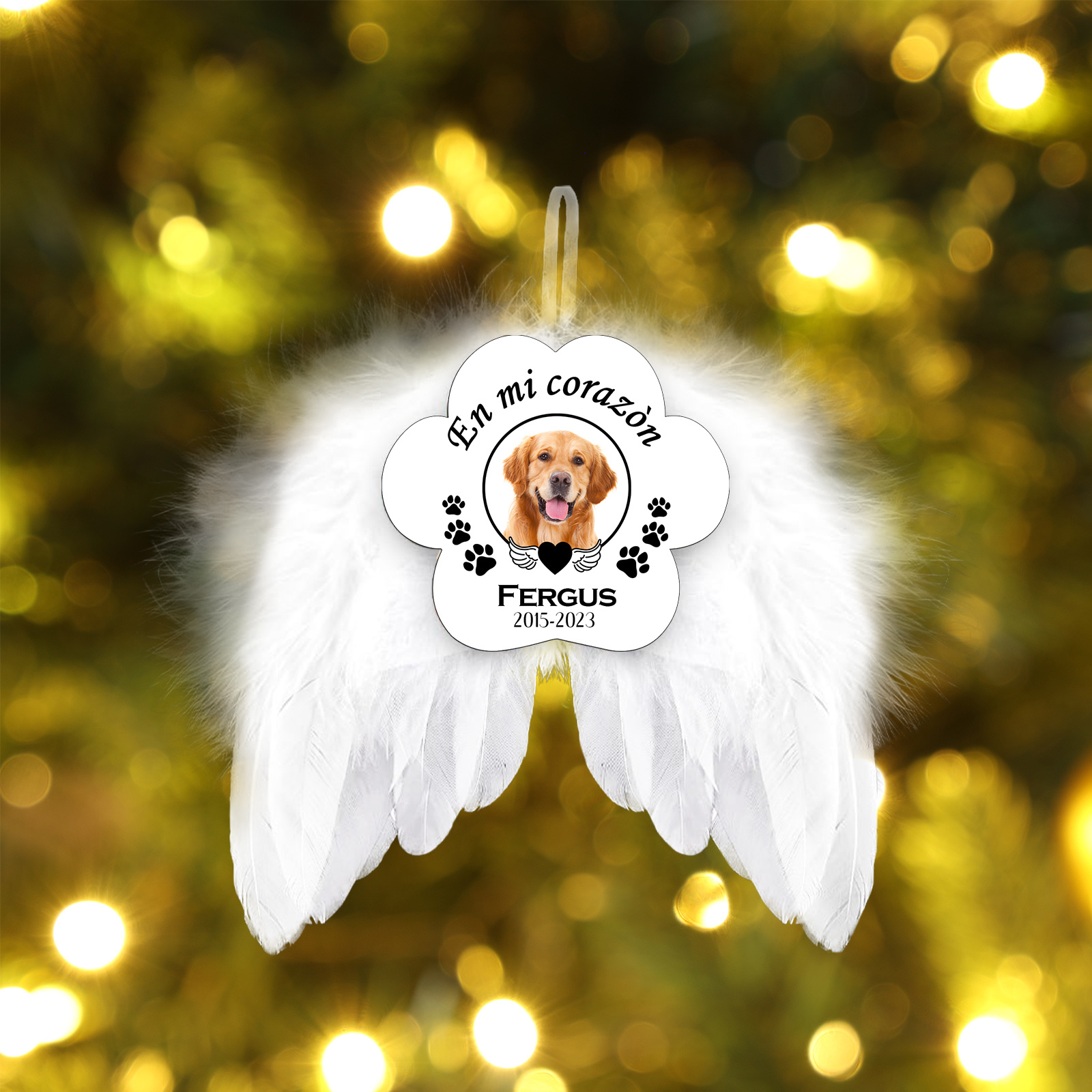 Navidad-Ornamento navideño alas de ángel en memoria de perros con 1 foto, 1 nombre y años personalizados-Jessemade ES