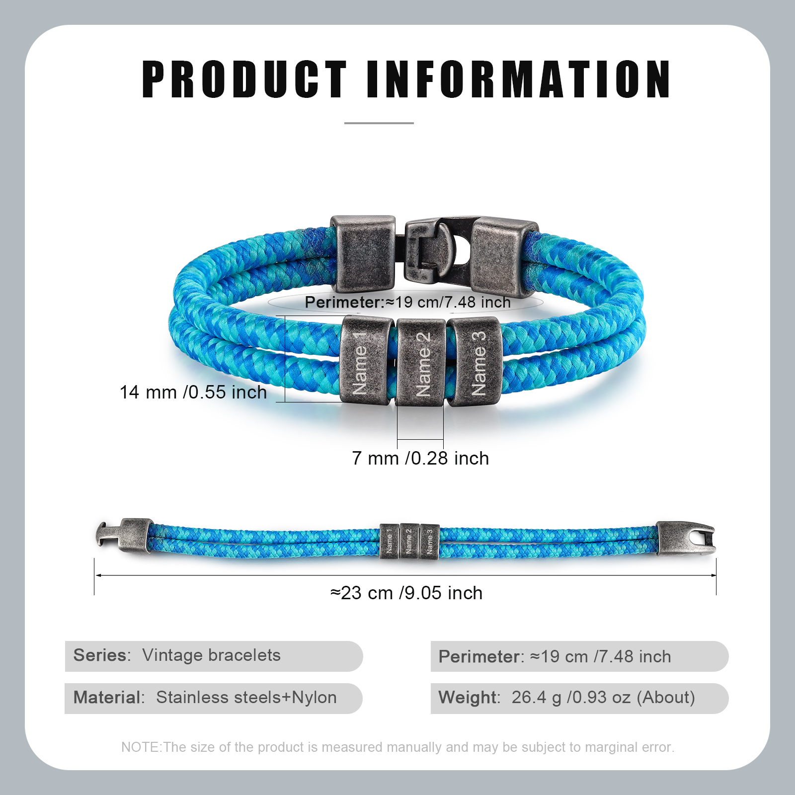 2-4 Nombres Personalizados Pulsera de Cuerda Celeste Aros de Acero Inoxidable-Jessemade ES