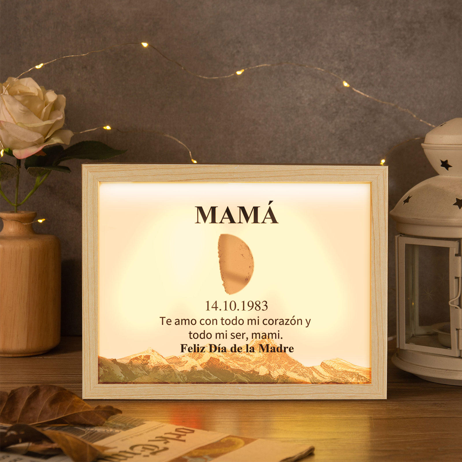 A mi mamá-Marco de luna del día que nació personalizado con fecha y texto con lámpara-Jessemade ES