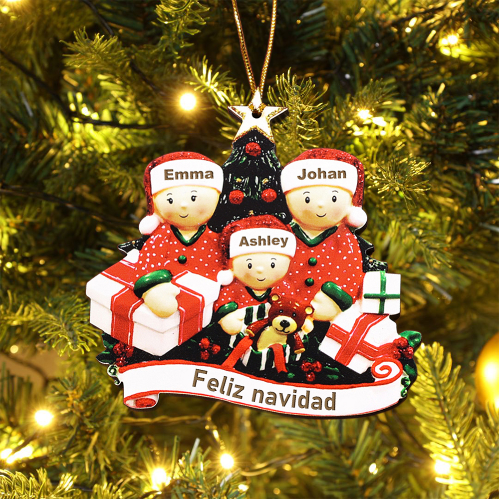 Navidad-Ornamentos de resina muñecos navideños familia y regalos 3 nombres personalizados con texto adorno de árbol