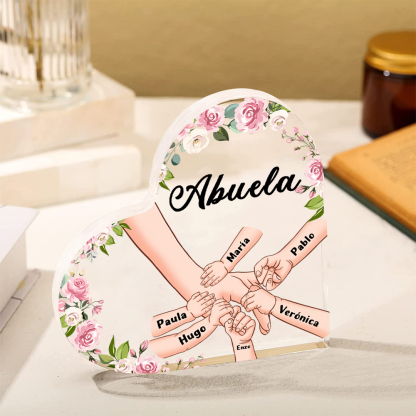 A mi mamá/abuela-Placa de acrílico en forma de corazón mano a mano con 1 texto y 6 nombres personalizados | Jessemade