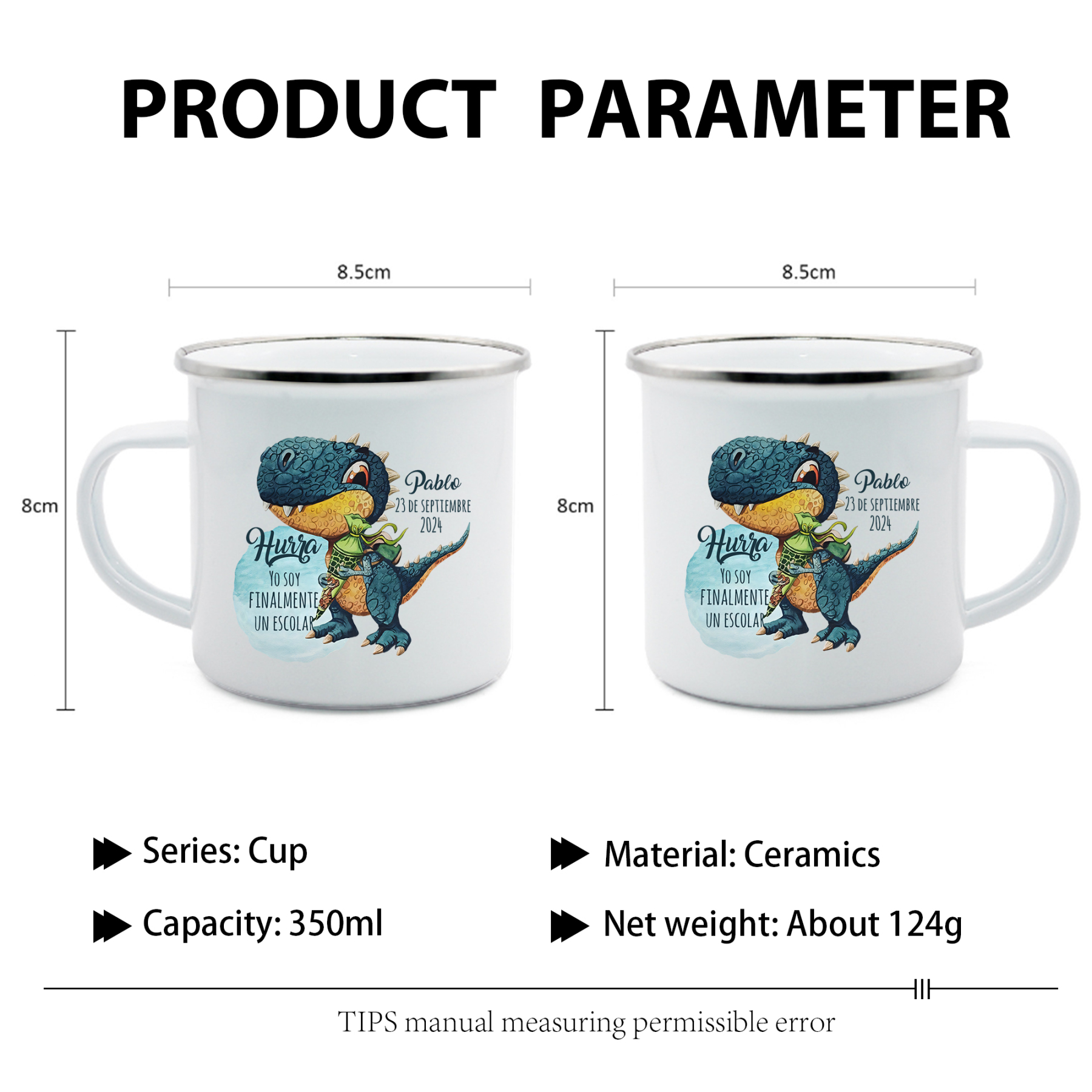 Vuelta al cole-Taza para niños "dinosaurio" con 1 nombre, fecha y año personalizados