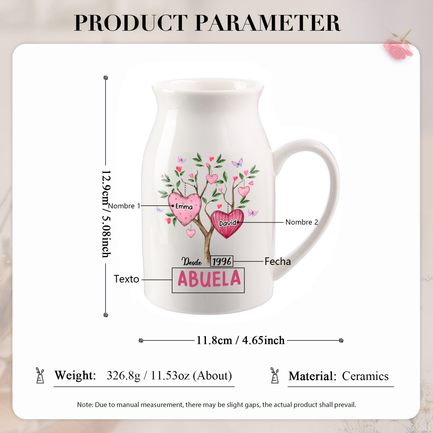 Florero de cerámica árbol de corazones 2-8 nombres personalizados con texto y año decoración del hogar-Jessemade ES