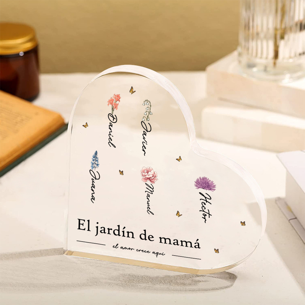 A mi mamá/abuela-Placa de acrílico en forma de corazón jardín 1-10 nombres y flores personalizados con 1 texto-Jessemade ES
