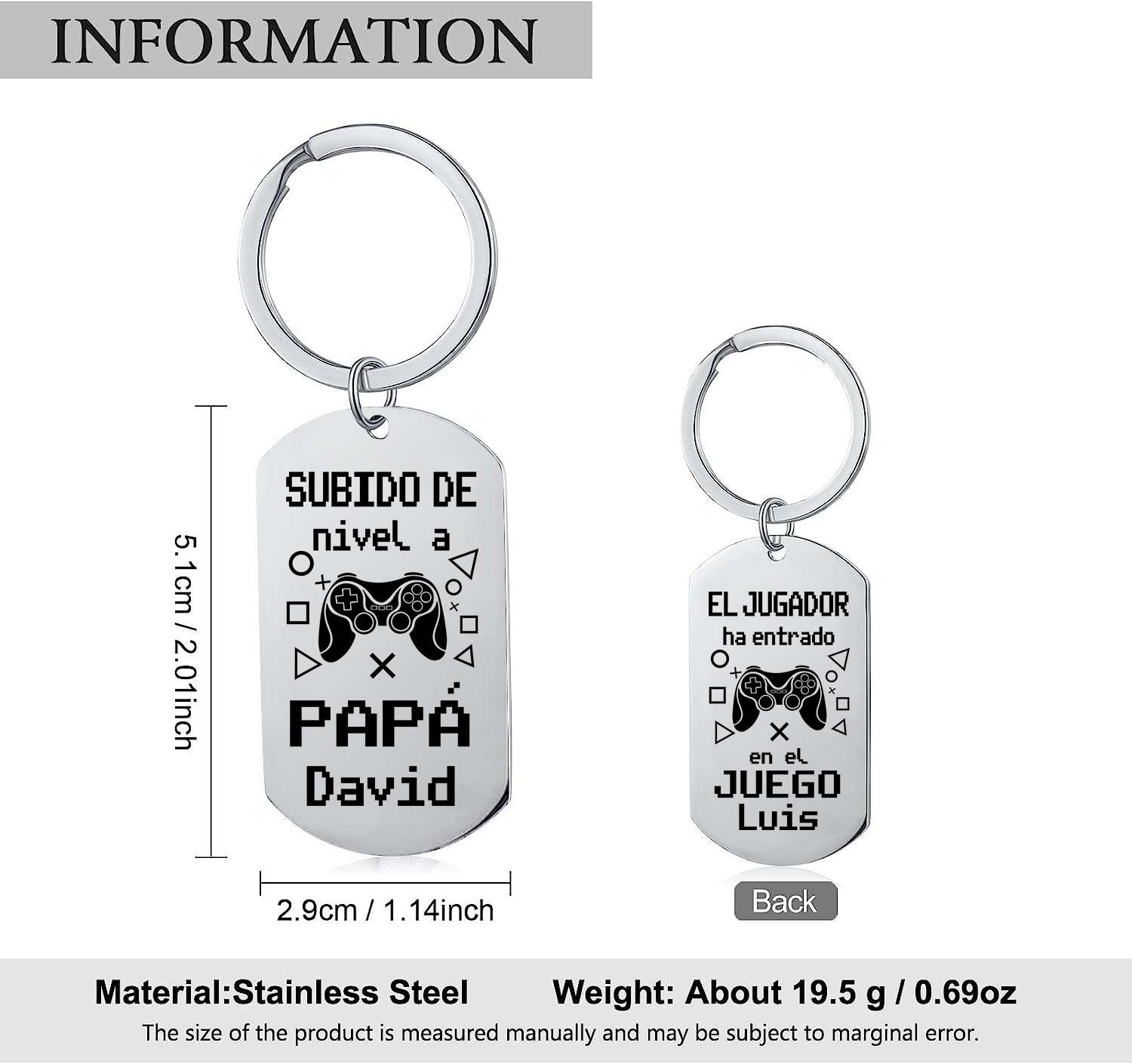 A mi papá-Llavero Personalizado SUBIDO DE NIVEL A PAPÁ 2 Nombres-Jessemade ES