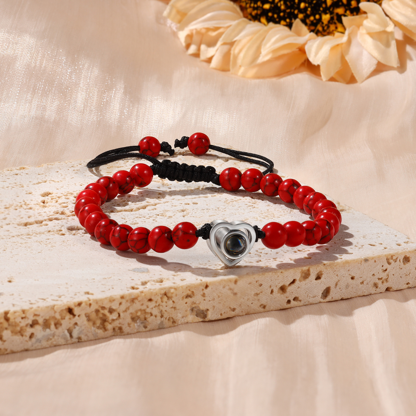 Pulsera con proyección de foto en color con dije de corazón y 8 colores de perlas de cristal-Jessemade ES