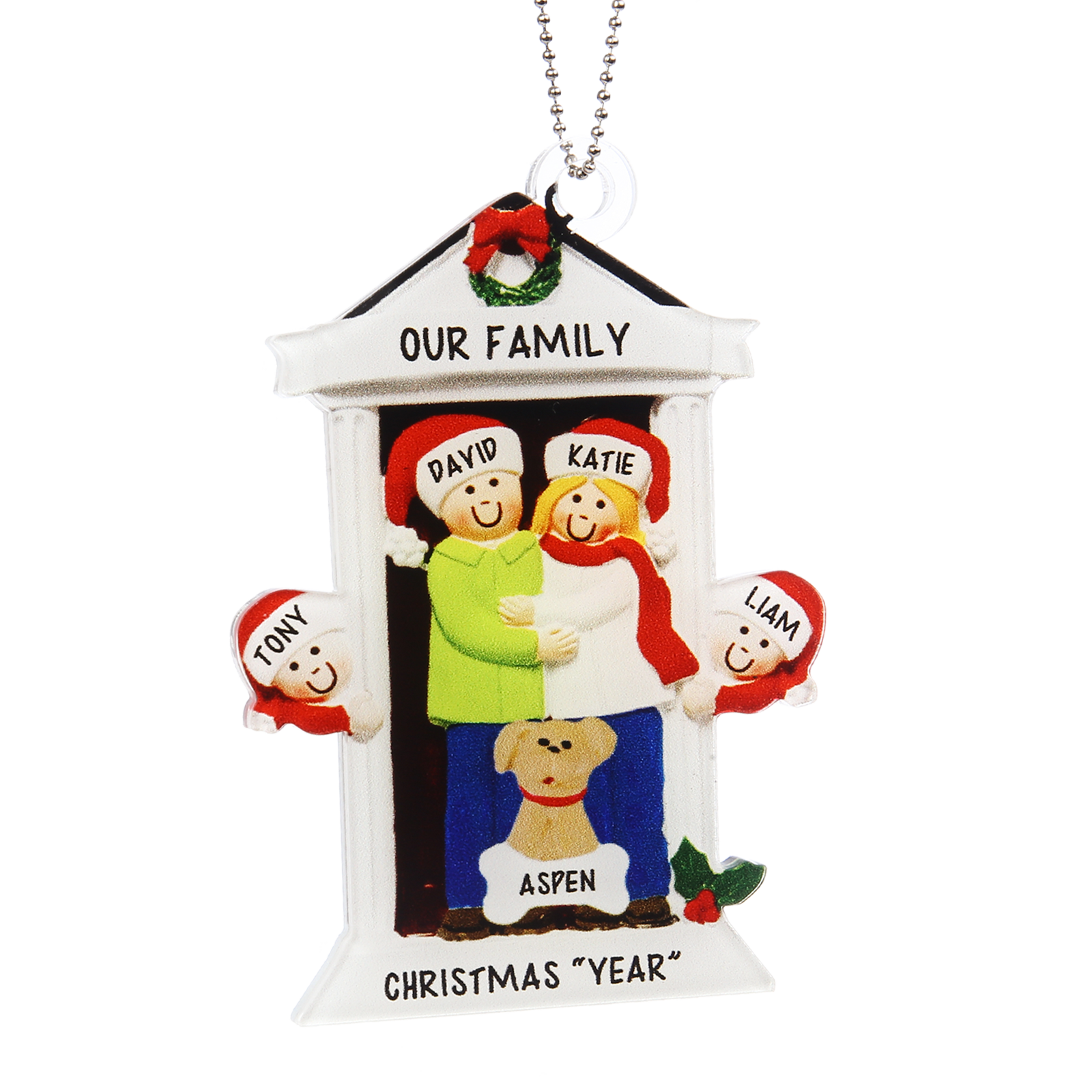 Navidad-Ornamentos Navideños de Acrílico Familia en Puerta con Perro 5 Nombres Personalizados con 2 Textos-Jessemade ES