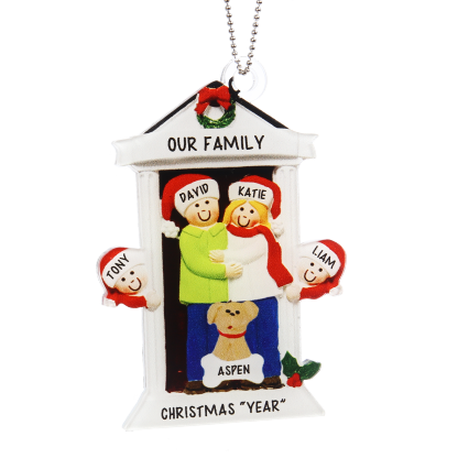 Navidad-Ornamentos Navideños de Acrílico Familia en Puerta con Perro 5 Nombres Personalizados con 2 Textos-Jessemade ES