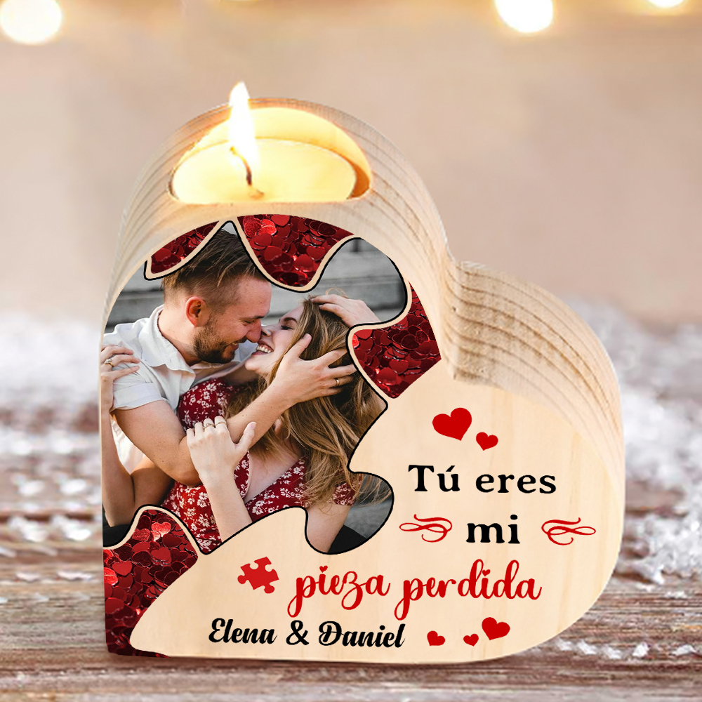 Candelero de madera para pareja con foto sin vela personalizado con 2 nombres-Jessemade ES