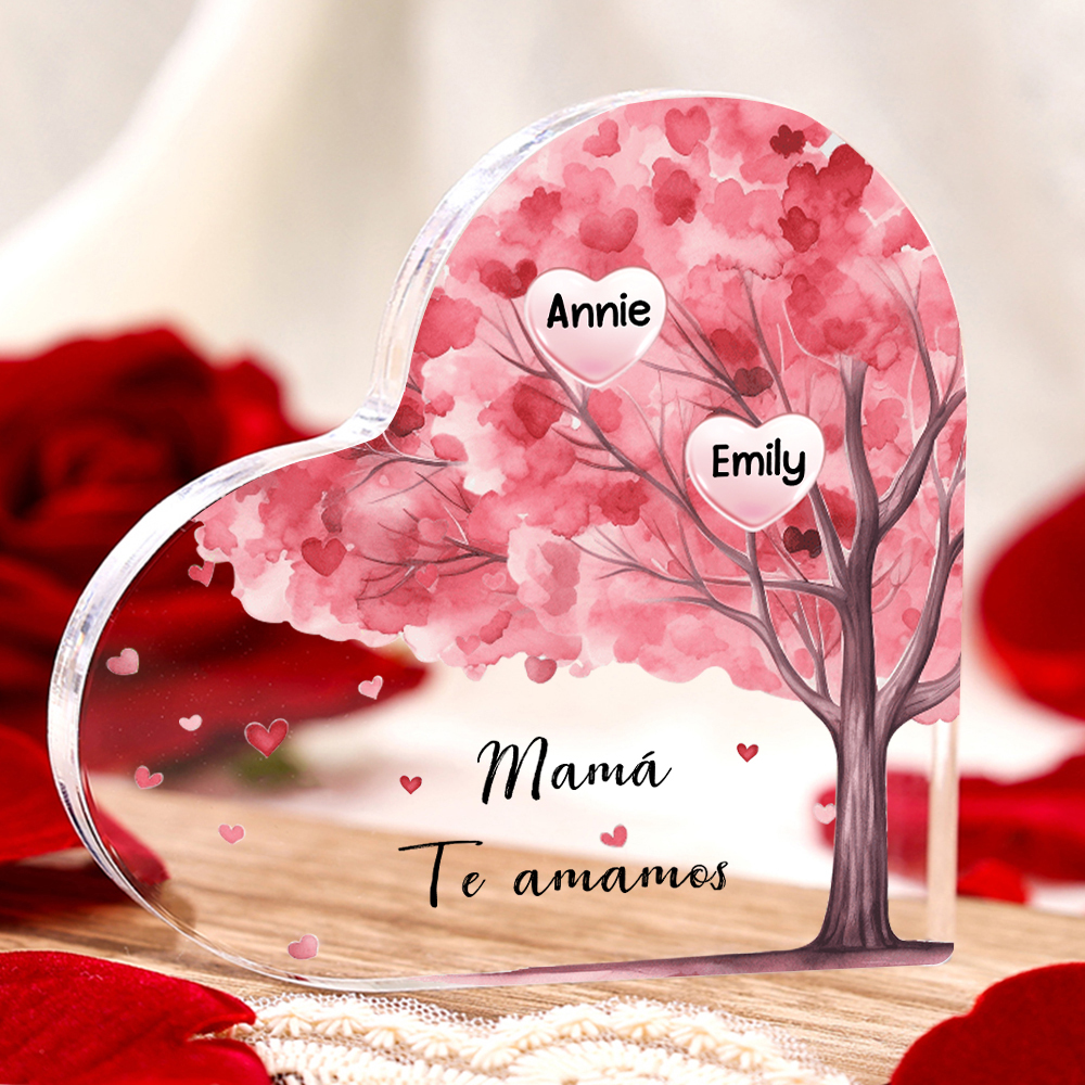 A mi mamá/abuela-Placa de acrílico "Árbol" en forma de corazón 2 nombres y 1 texto personalizados-Jessemade ES