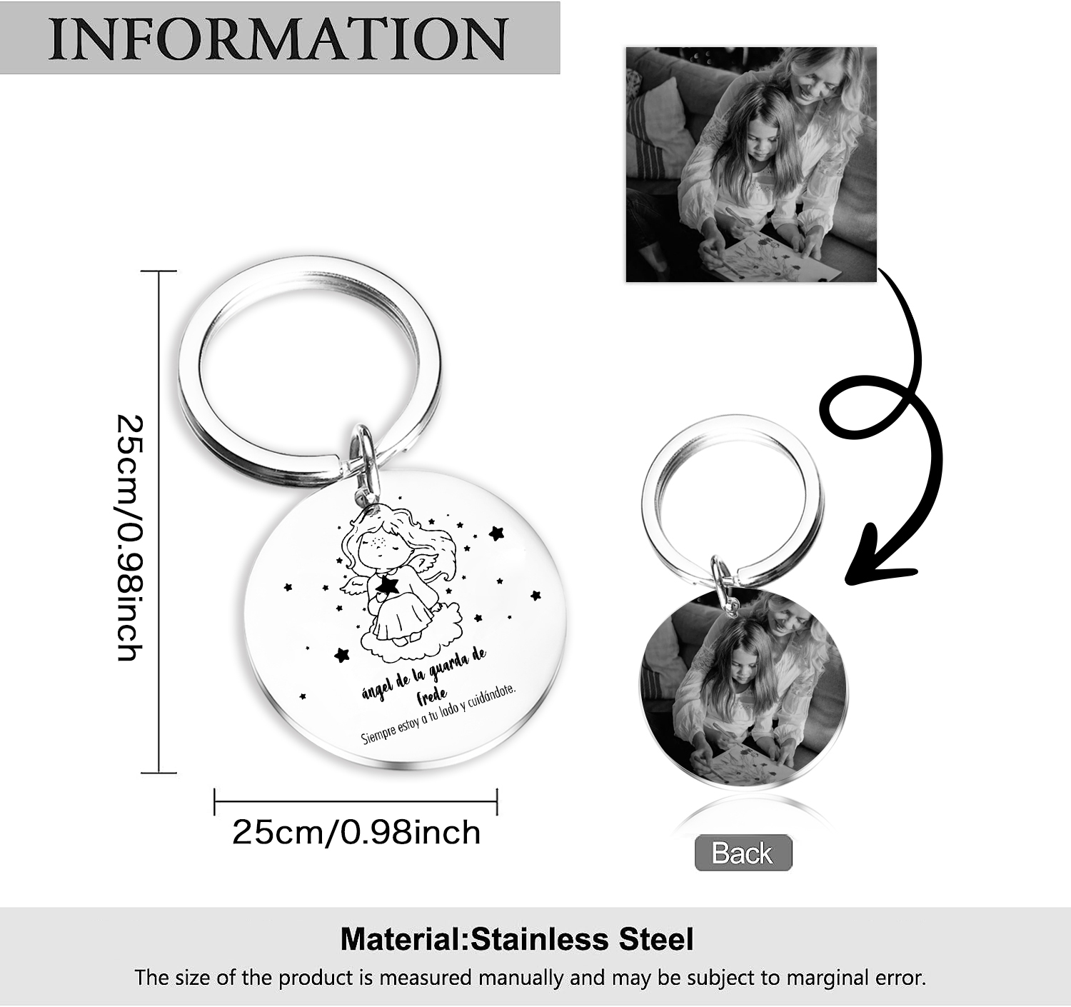 A mi hija-Llavero de placa "ángel de la guarda" 1 nombre y 1 foto personalizados-Jessemade ES
