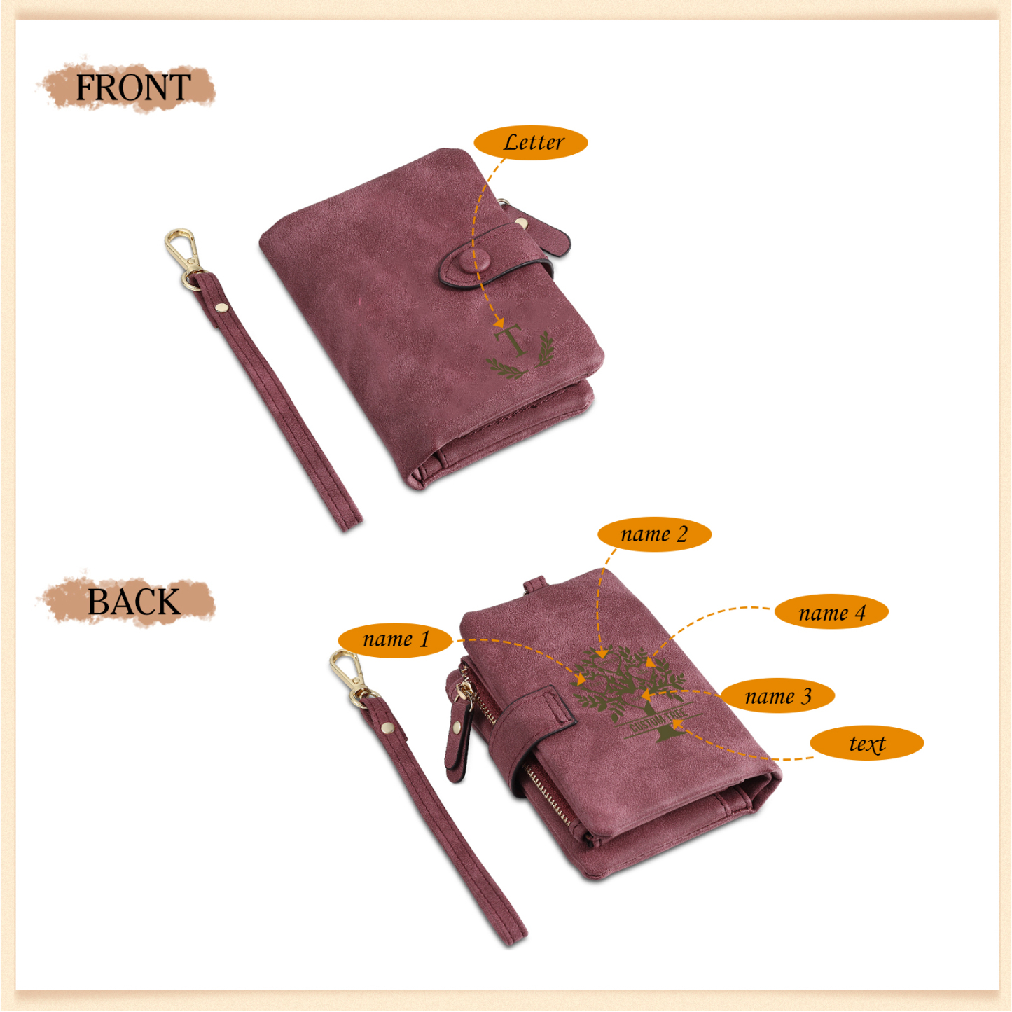 Cartera, billetera con 3-8 nombres, 1 letra y 1 texto personalizados árbol de la vida monedero clásico para mujer-Jessemade ES