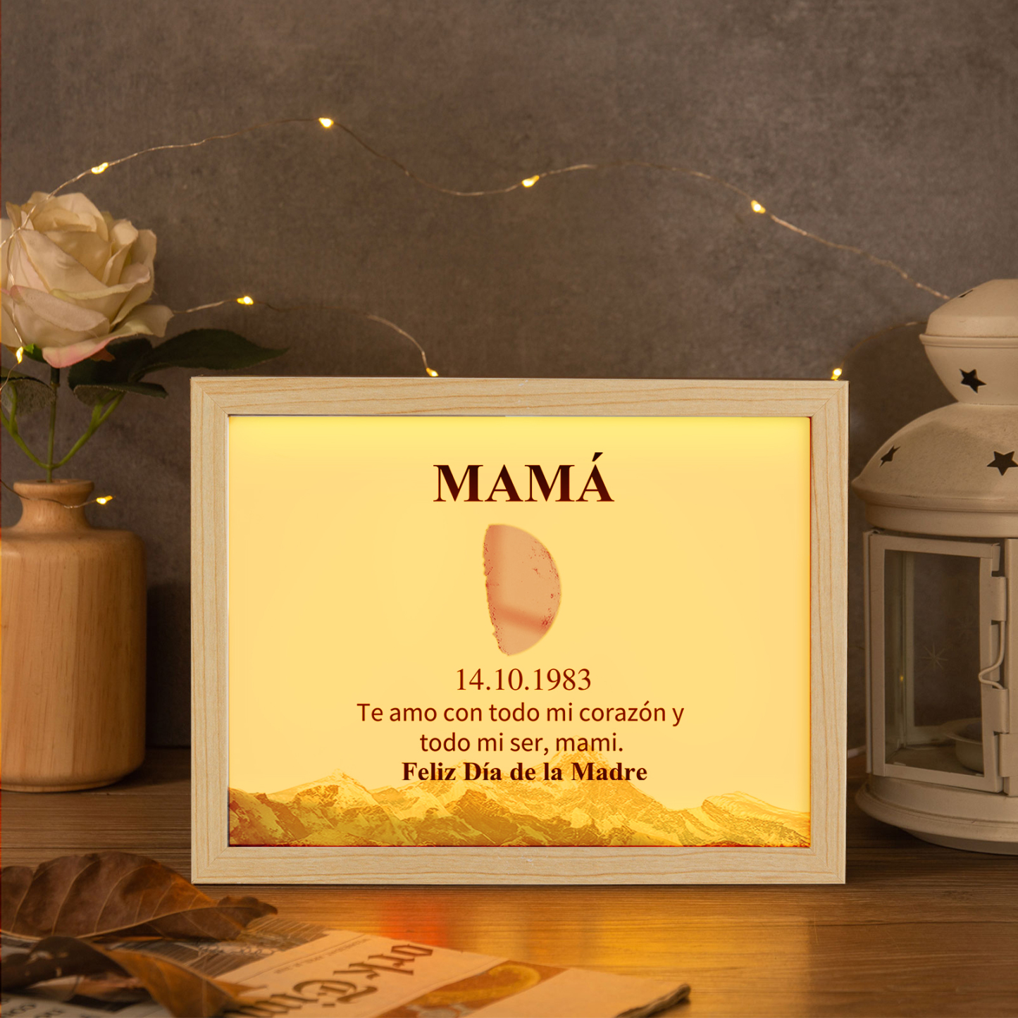 A mi mamá-Marco de luna del día que nació personalizado con fecha y texto con lámpara-Jessemade ES