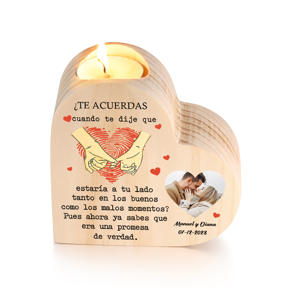Candelero de madera dedos cogidos para pareja sin vela personalizado con texto, fecha y foto-Jessemade ES
