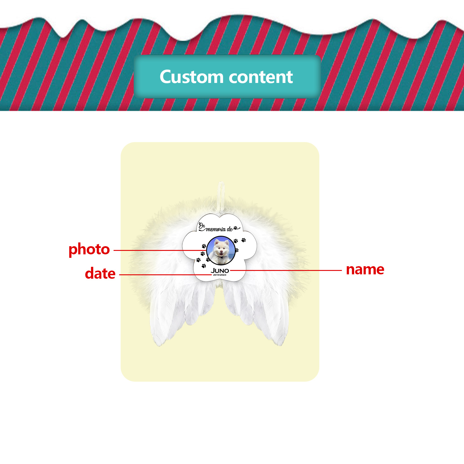 Navidad-Ornamento navideño alas de ángel en memoria de perros con 1 foto, 1 nombre y años personalizados-Jessemade ES