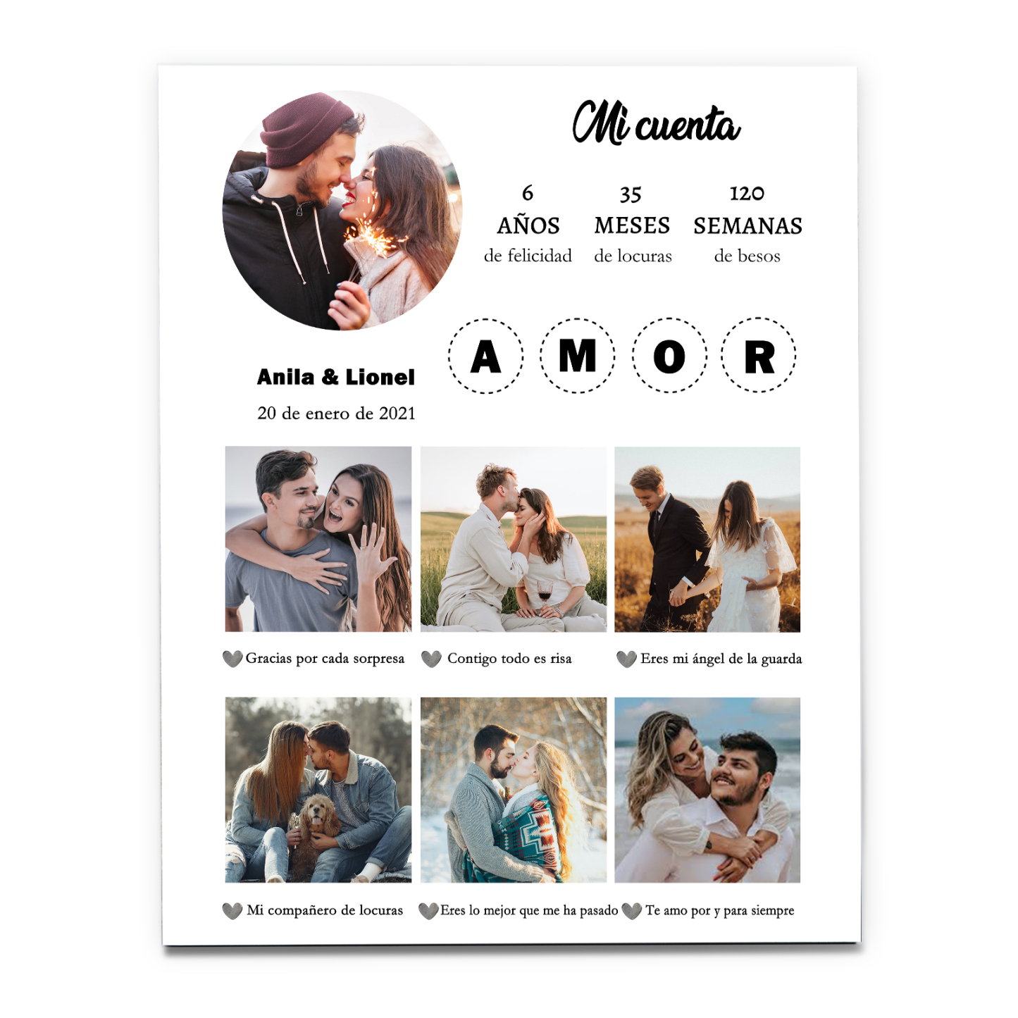 Lámina marco de madera para pareja personalizado con 2 textos, 3 números y 7 fotos-Jessemade ES