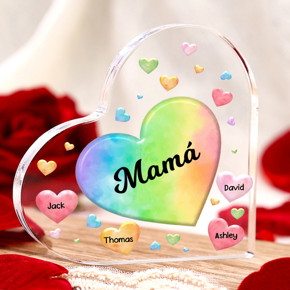 A mi mamá/abuela-Placa de acrílico "Corazones" en forma de corazón 4 nombres y 1 texto personalizados-Jessemade ES