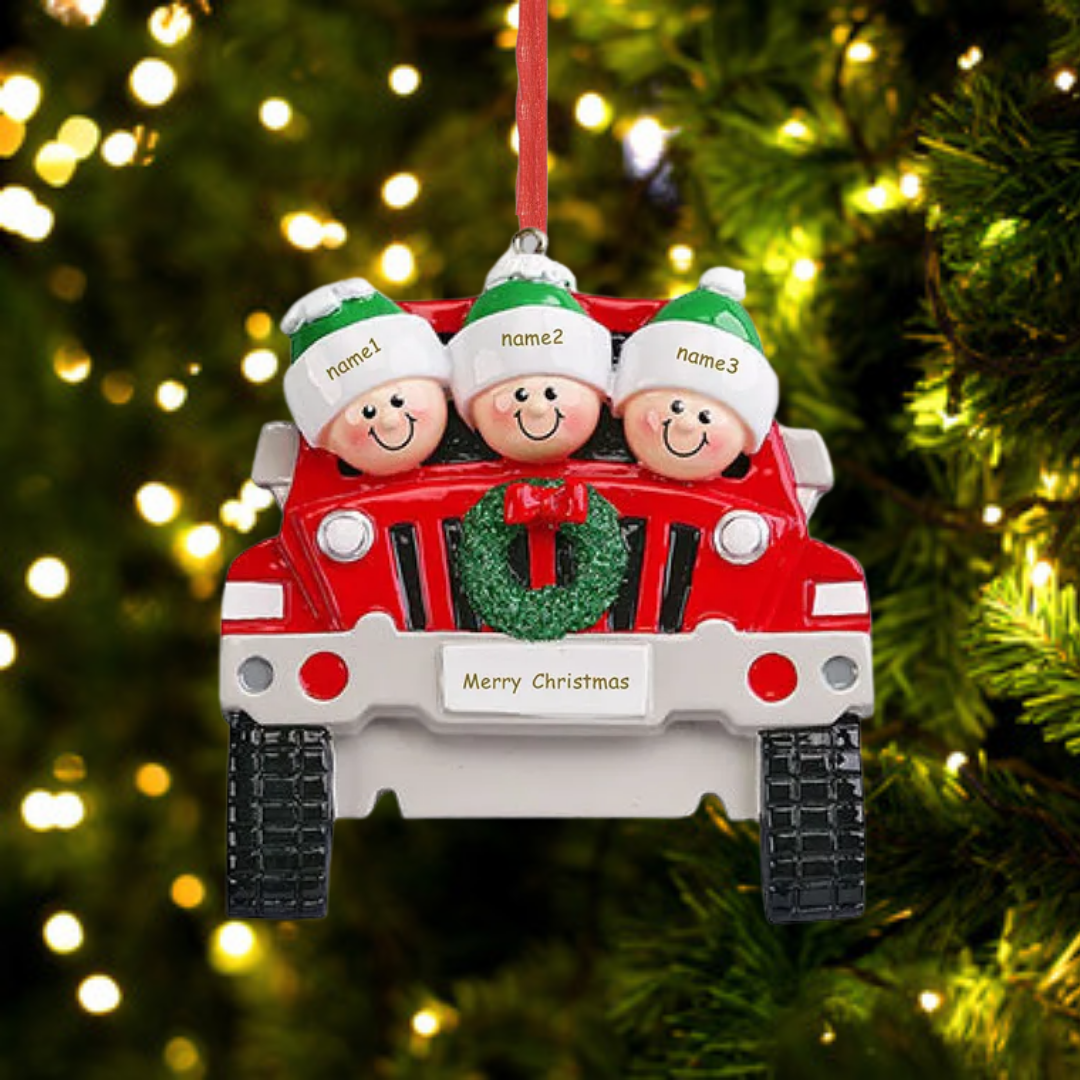Navidad-Ornamentos con Muñecos Navideños en Coche 3 Nombres con Texto Personalizados Adorno de Resina