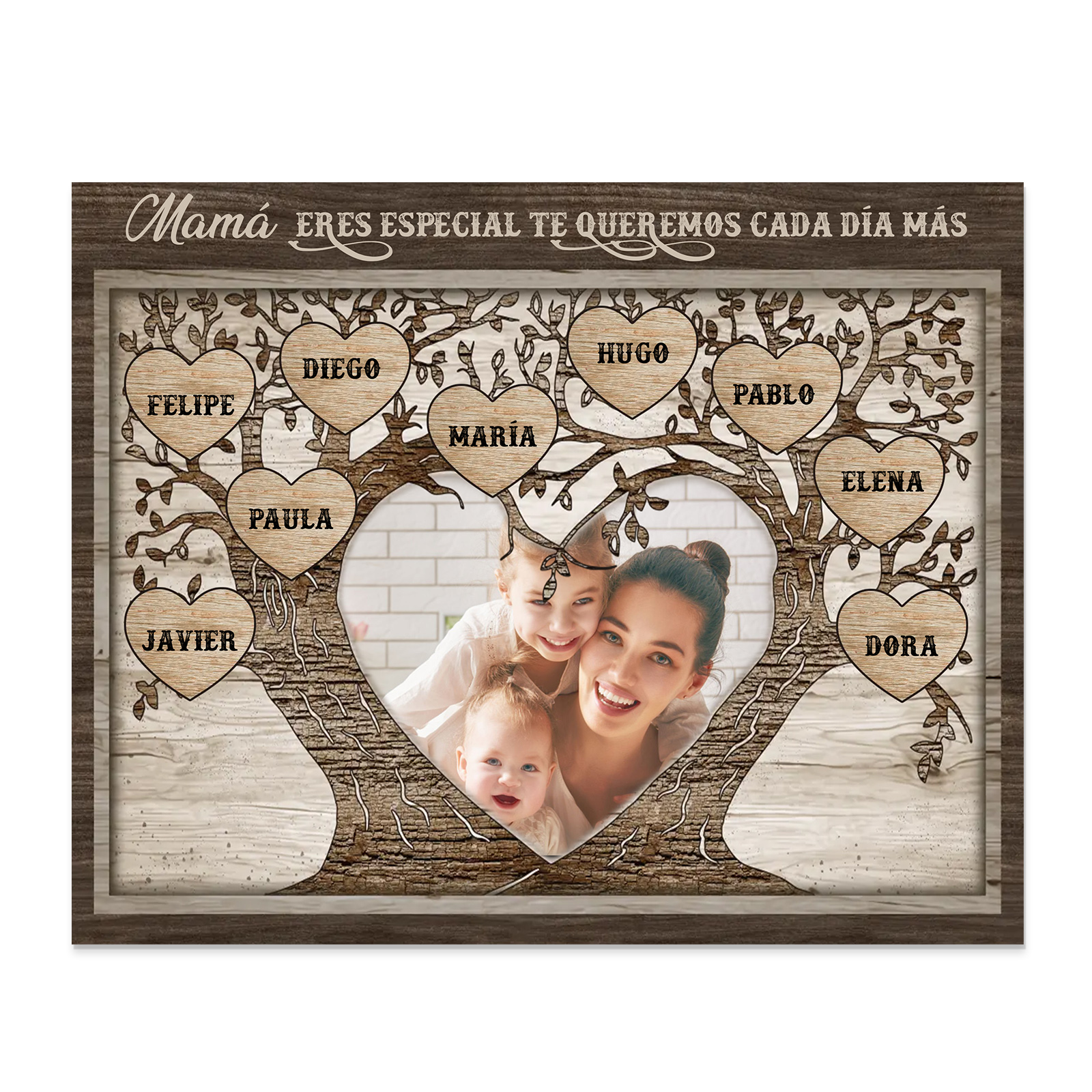 A familia - Lámina 2-9 nombres y 1 foto personalizados marco de madera árbol de la vida-Jessemade ES