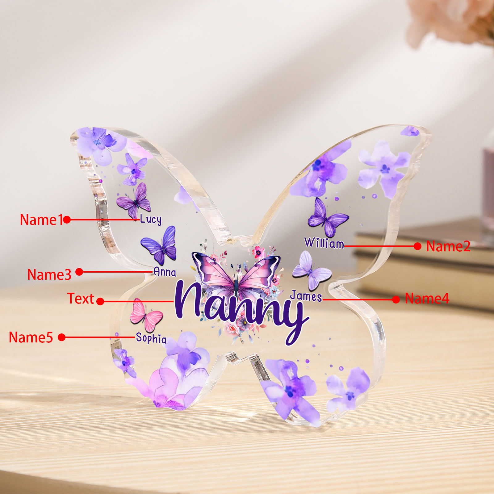 A mi mamá/abuela-Placa de acrílico "Mariposas" en forma de mariposa 5 nombres y 1 texto personalizados-Jessemade ES