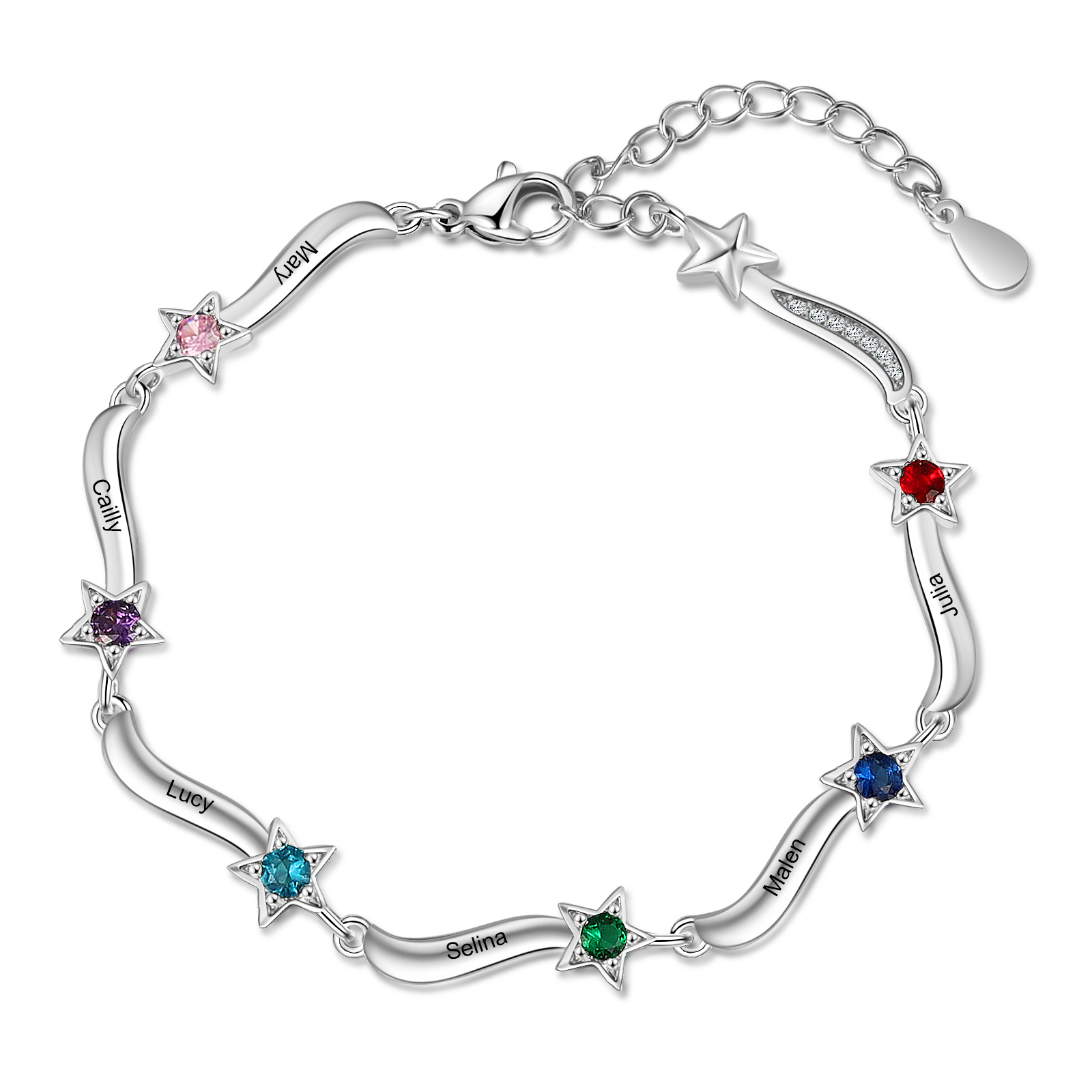 Pulsera Brazalete personalizada de 6 nombres y estrellas con 6 piedras de nacimiento-Jessemade ES