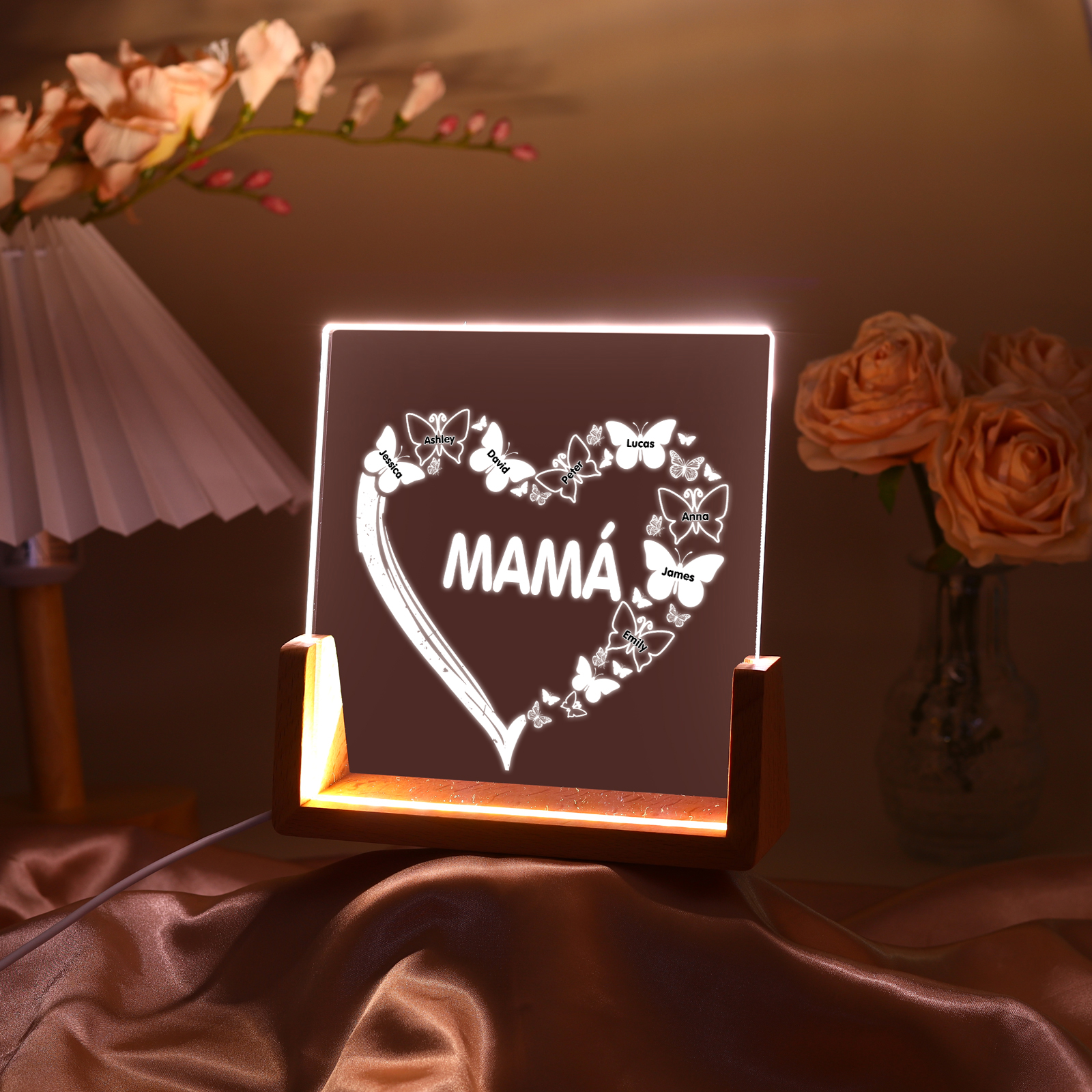 A mi mamá/abuela-Lámpara Personalizada con 2-8 Nombres y 1 Texto "corazón y mariposas" 3D Ilusión Luz de Noche-Jessemade ES