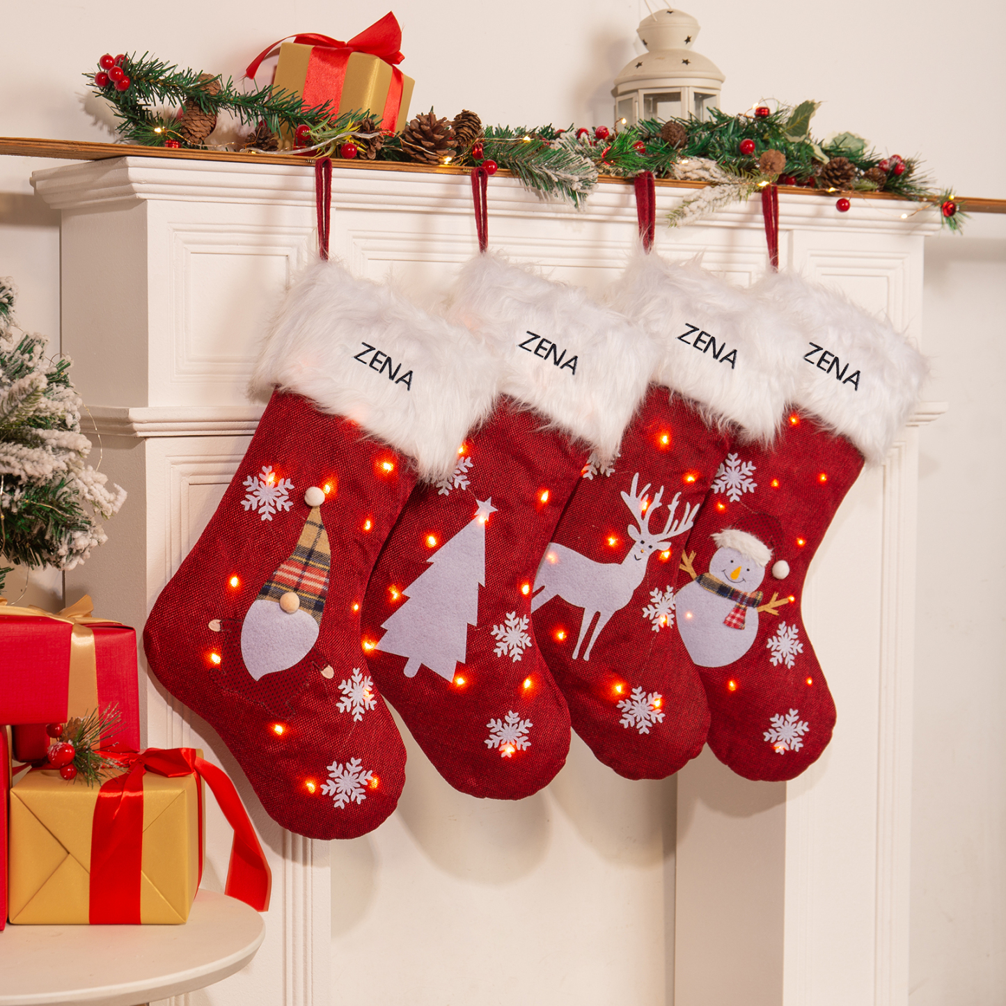 Adornos de medias navideñas con muñeco Bolsa de regalo 1 Nombre personalizado-Jessemade ES